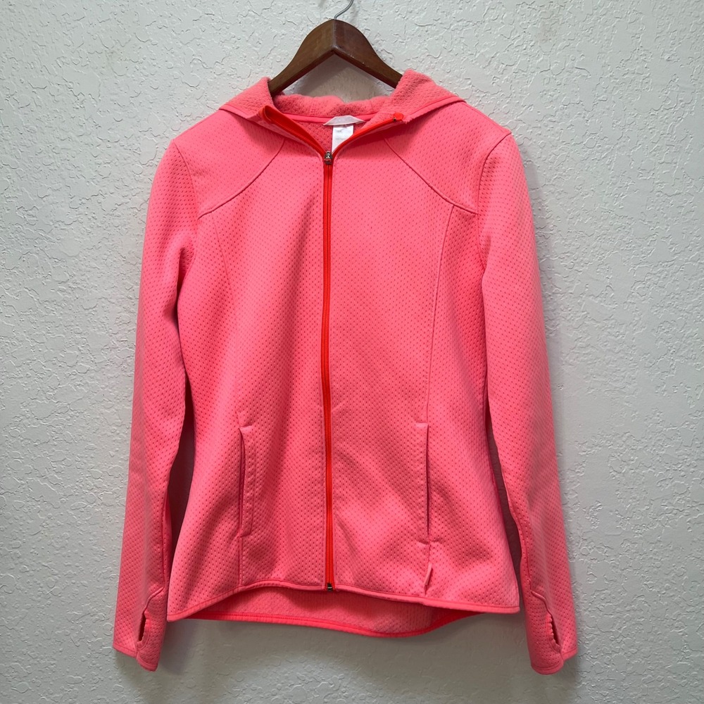 Jockey Sport Womens Neon Coral Pink Fleece Lined Full Zip Hoodie Jacket Size M